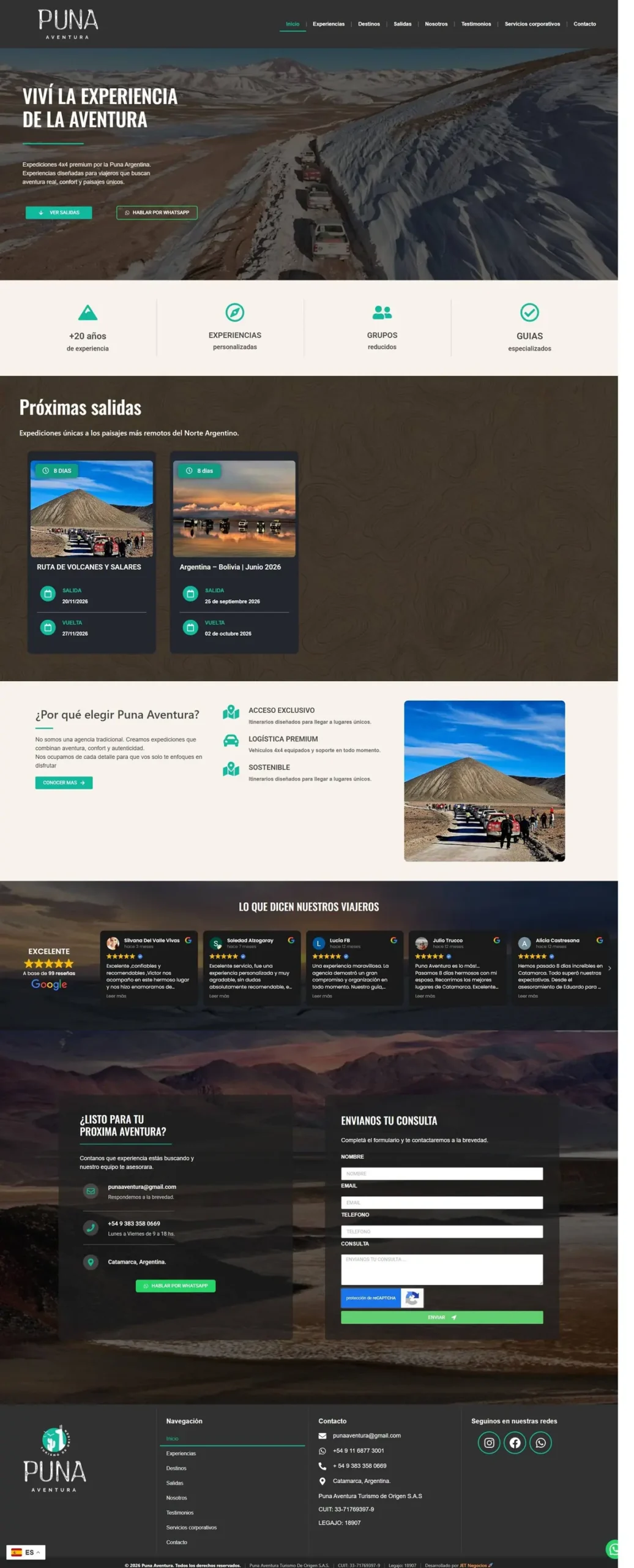 Captura del sitio web de Puna Aventura
